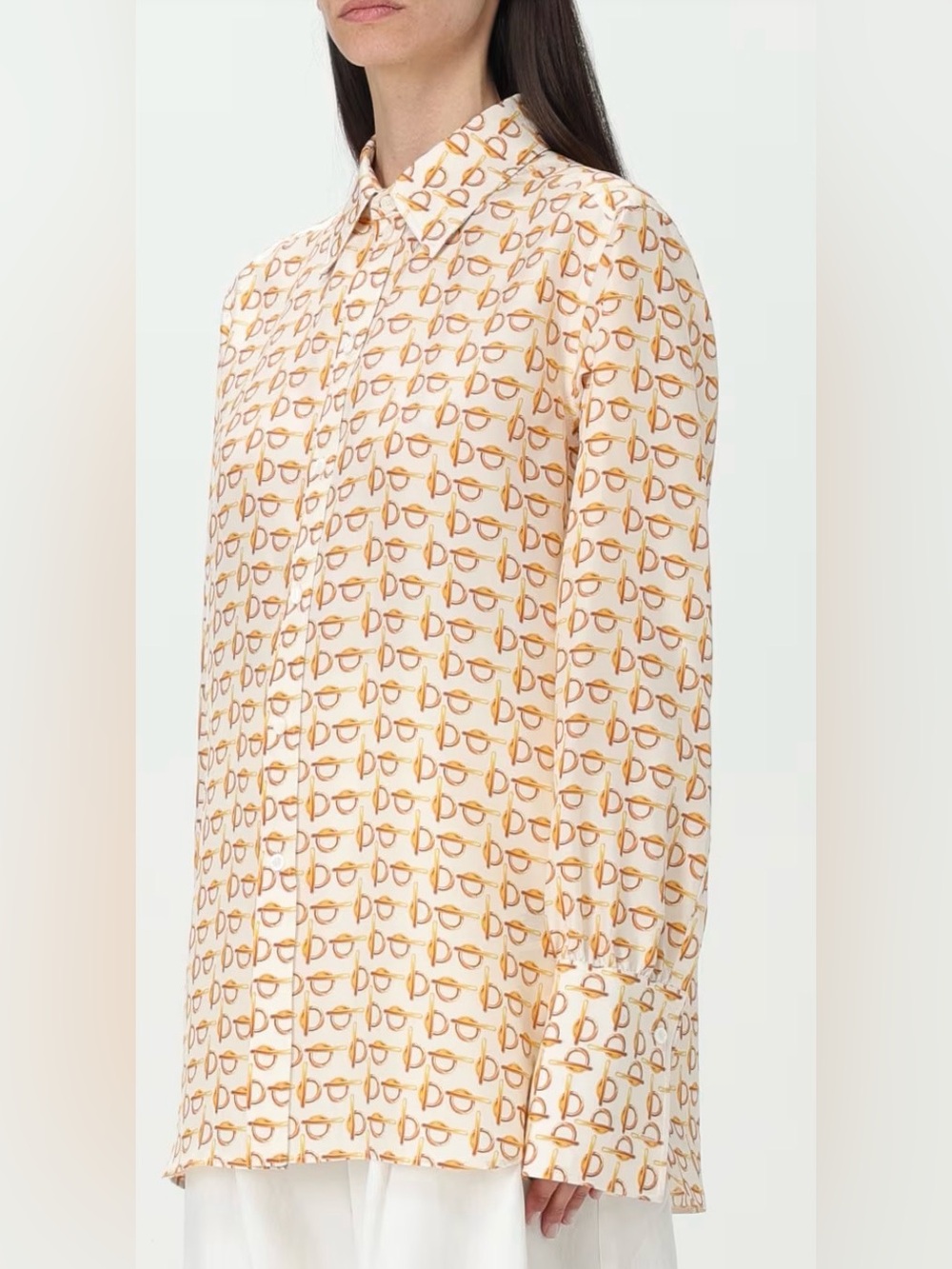 Burberry Cream and Brown B Print Silk Button-Up Shirt